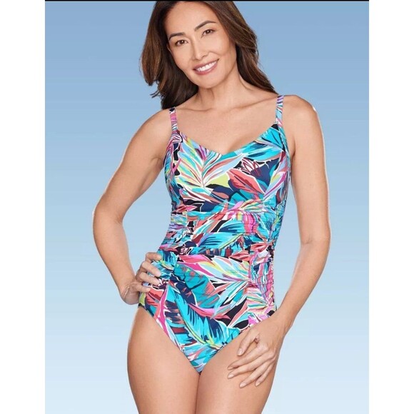 NWT Aqua Green V-Neck Tropical Print One Piece Swimsuit - Picture 1 of 2